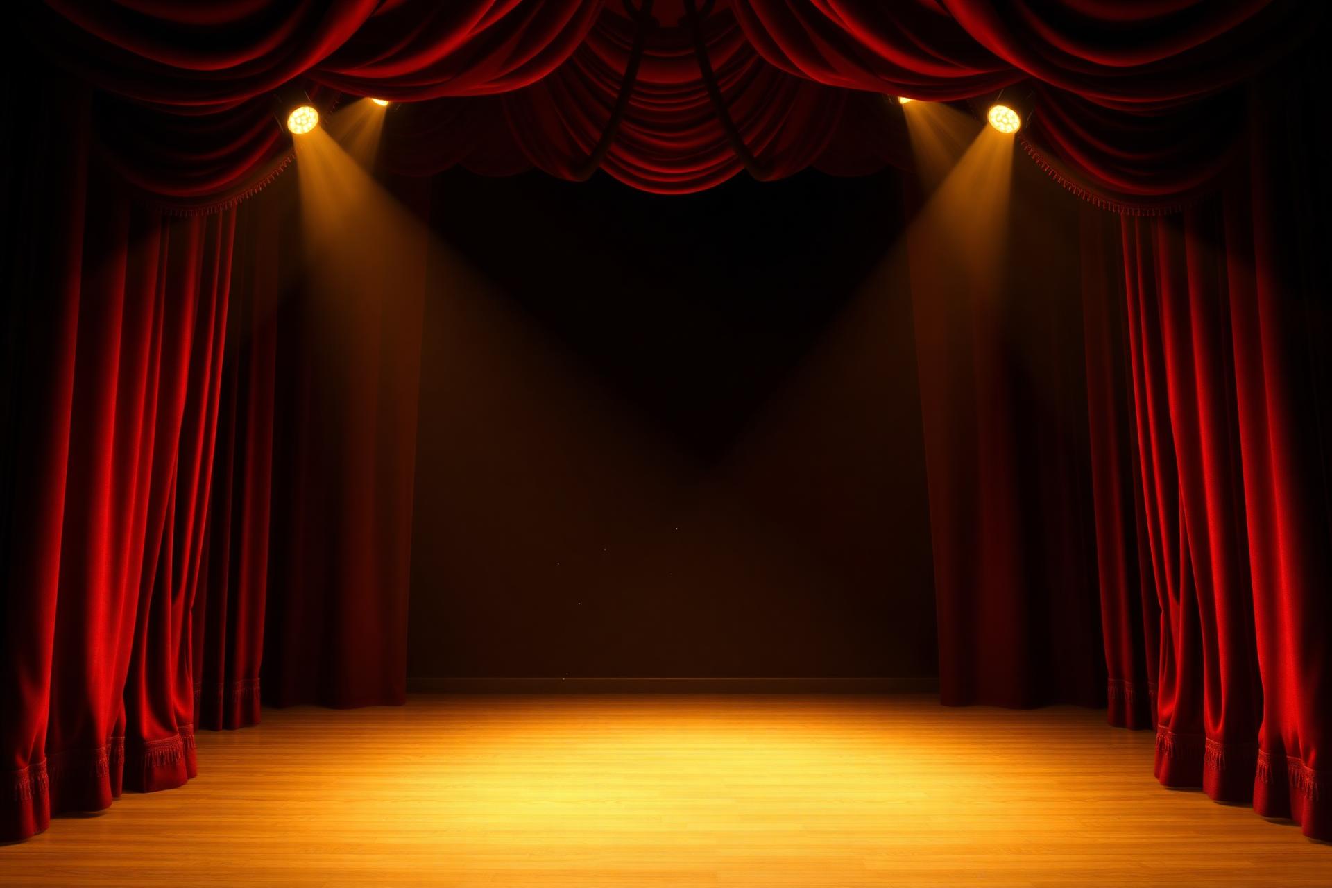 Theater stage with red velvet curtains and golden spotlights